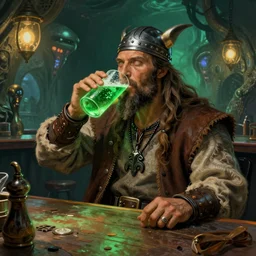 a space viking drinking green neon liquid in an alien tavern. art by ilya repin.