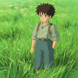 grass, attractive male, in the style of studio ghibli, j. c. leyendecker, greg rutkowski, gaston bussiere