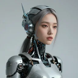 Fine art photography portrait of a solarpunk half robot half human girl with real human face, highly detailed, cinematic lighting 8k