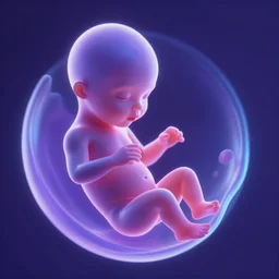 3 d render, fetus in womb, iridescent glowing light, purple and blue color scheme