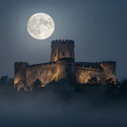 an old citadel rising up from the mist at night silhouetted by a huge moon, by Noah Bradley, Darek Zabrocki,, James Paick, Natasha Tan, highly detailed, ultra detailed, ultra realistic, trending on artstation, thomas kincade