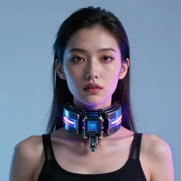 digital artwork of woman wearing technological neon collar, cyberpunk art style, 4K, portrait,