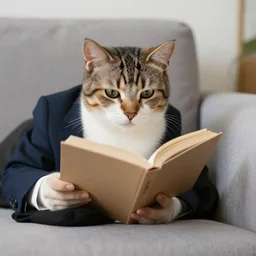 cat reading a book on a sofa. wearing suit.