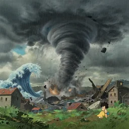 a wholesome animation key shot of an intense rain storm tornado, tsunami, destruction, chaos, destruction of buildings in the background, studio ghibli, pixar and disney animation, sharp, rendered in unreal engine 5, focused, anime key art by greg rutkowski, bloom, dramatic lighting