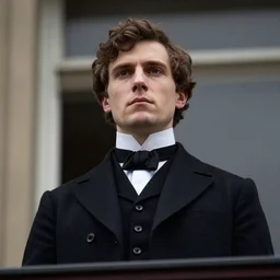 close up portrait of a young edwardian politician standing on a balcony, male, edwardian, formal, detailed face, deep focus, movie still, dramatic lighting, ray tracing, by hendrik kerstens and paolo roversi