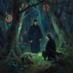 wuxia, forest, neon light, painting by gaston bussiere, craig mullins, j. c. leyendecker