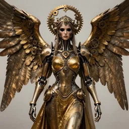 Steampunk Angel, mechanical wings, gear halo, empty eyes, metallic bronze skin, golden tech robes, female looking, steampunk fantasy, extremely detailed, trending on artstation, realistic proportions