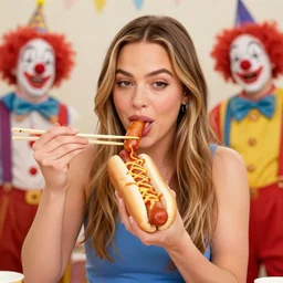 mila kunis eating a hot dog with chopsticks, mixed with party clowns