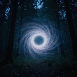 photograph of an interdimensional vortex appearing in the middle of a forest at midnight, high detail, ethereal, 4 k