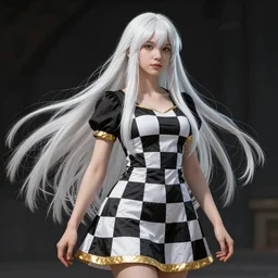 An epic fantasy comic book style full body painting of a pale girl with long straight white hair, she is wearing a dress with a chess pattern, Unreal 5, DAZ, hyperrealistic, octane render, cosplay, RPG portrait, dynamic lighting
