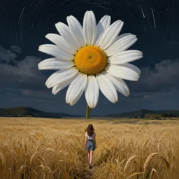 giant daisy flower as a head, girl walking in wheat field, hills, surreal photography, dark night, star trails, dramatic light, impressionist painting, clouds, digital painting, artstation, simon stalenhag