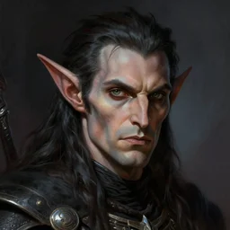 head and shoulders portrait of an eldrich knight, drow, dark elf, shadar kai, male, high fantasy, d & d, by frank frazetta, face details, extremely detailed, digital illustration