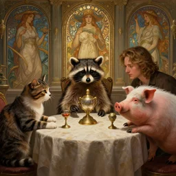 film still, cat, dog, raccoon, pig sit at table playing dnd, deep focus, d & d, fantasy, intricate, elegant, highly detailed, digital painting, artstation, concept art, matte, sharp focus, illustration, hearthstone, art by artgerm and greg rutkowski and alphonse mucha.