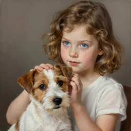 a seven year old girl with short wavy curly light brown hair and blue eyes petting the head of a very cute wire haired jack russell terrier puppy, white with brown patches over both eyes. detailed, high quality painting by artgerm and greg rutkowski and alphonse mucha