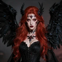 beautiful female mage with red hair, black clothing, dark feathered wings, intricate, highly detailed face, trending on artstation, dramatic lighting, 4 k