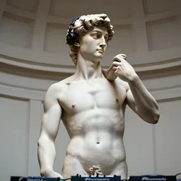 a photo of michelangelo's sculpture of david wearing headphones djing