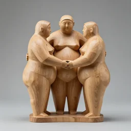 abstract wood sculpture of three fat people caressing