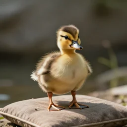 a cute colored duckling standing on a cushion