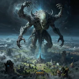 a hyperdetailed matte painting of cthulu descending from space, looming ominous over stormwind, world of warcraft, lovecraftian horror, intricate detail, ultrawide lens, aerial photography, cinematic, 8 k, cel shaded, volumetric lighting, octane render, art by greg rutkowski and jeong seon and hokusai