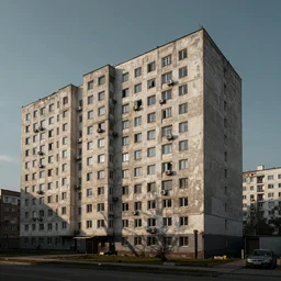 “a realistic run down soviet era brutalist aparment buildin”