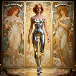 highly detailed vfx emma watson as fit body, unreal engine, chrome reflect, greg rutkowski, tom bagshaw, alphonse mucha, global illumination, detailed and intricate environment