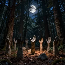 Hands of stone reaching out of the ground, forest, midnight, moon