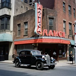 color kodachrome photograph of an american city street in 1 9 3 2. neon sign, americana