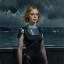 Elle Fanning as an android in the world of Edward Hopper, stormy weather, extremely detailed masterpiece, oil on canvas, low-key neon lighting, artstation, Blade Runner 2049, Roger Deakin’s cinematography, by J. C. Leyendecker and Peter Paul Rubens,