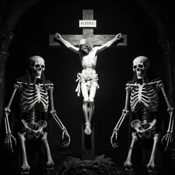 A crucifix made of light, with two evil skeletons on both sides.  Dark Fantasy, Film Noir, Black and White. High Contrast, Mike Mignola, D&D, OSR