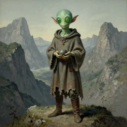 A detailed green-eyed tentacleheaded human stands among the mountains with a pebble in hands. Wearing a ripped mantle, robe and boots. Extremely high details, realistic, fantasy art, solo, masterpiece, art by Zdzisław Beksiński, Arthur Rackham, Dariusz Zawadzki