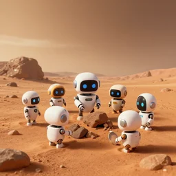cute robots working on mars, trending on artstation, 8K, ultra wide angle, pincushion lens effect