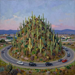 a conrad bluff oil painting of a small hill covered in cactus with a circular 1 0 lane highway at it's base full of evening traffic