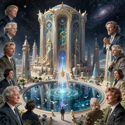majestic interstellar portal, fortress gateway, huge futuristic temple city, magical sparkling lake, birds eye, vista view, peter mohrbacher, vladimir kush, michael whelan, bill stoneham, tsutomu nihei, jane graverol, kay sage, digital art, airbrush, art nouveau, intricate, clear, looming, epic, depth, artstation, highly detailed, blender, Unreal Engine, octane render, vray, 8k