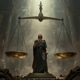 cinematic artwork of a man receiving mortal judgement in purgatory, giant scales of justice, incredible detailed masterpiece by greg rutowski, 4 k