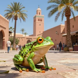 frog travels through marrakech streets, palm trees, highly detailed, digital painting, artstation, concept art, smooth, sharp focus, illustration, art by artgerm and greg rutkowski and alphonse mucha
