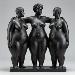 abstract ebony wood sculpture of three beautiful fat androgynous polyamorous black people