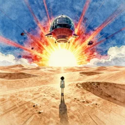anime movie screenshot, paper texture, ( ( detailed watercolor ) ) one lonely character by tatsuyuki tanaka, vanishing point, by ghibli!!! nausicaa!!, desert!!!, journey, rim light, long shadows, bright, miyazaki, vibrant, motion, airship, flying beetles