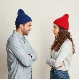 photo of a husband and wife arguing while wearing funny hats