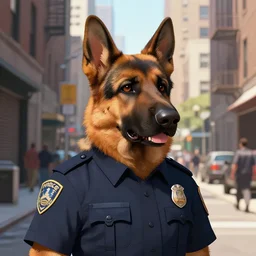 new york city portrait of furry anthro anthropomorphic german shepard head animal person fursona wearing clothes police uniform in the alley, sunny day, digital art by Nerdrum John, William Waterhouse, Winslow Homer, Alex Heywood, Jordan Grimmer, Darren Quach, Greg Rutkowski, Simon Stalenhag, trending on Artstation, CGSociety