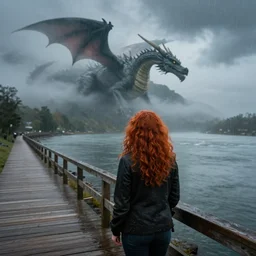 a photo of a woman with curly long redhair standing in a boardwalk besides a river looking at a ((dragon)) in the mountains that is covered by a fog in a thunderous weather