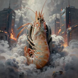 ultra realist and ultra intricate detailed soft painting of a shrimp, from the waist up, sci-fi helmet, symmetry features, sensual gloomy style, volumetric clouds, cyberpunk burning building background, artstation, unreal render, depth of field