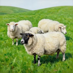 3 sheep on a green hill highly detailed painting by damien hirst