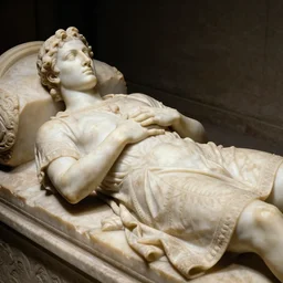 museum, marble greek recumbent tomb effigy of a very handsome young man, hands crossed on chest, ancient nobleman dressed in 1 5 th century clothes, in the dungeon, darkness, soft lighting, sharp focus, highly detailed, rembrandt