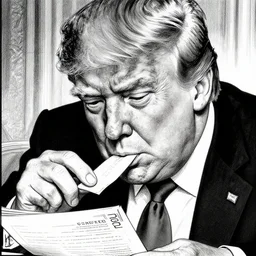 close - up portrait of donald trump eating classified documents, by robert crumb, black and white drawing, very intricate