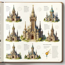 page of encyclopedia color illustrations : : fantasy architecture, diagrams showing various fantasy architecture styles, insanely detailed, informative texts and graphs