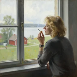 blonde woman smoking a cigarette while looking out through the window, swedish countryside, seaview, morning, calm, painting by vladimir volegov
