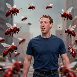 Mark Zuckerberg being attacked by swarm of crimson cyberpunk bees