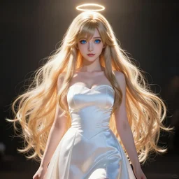 beautiful fashion goddness of a young yuuki asuna, full body, long wavy hair, sky blue eyes, full round face strapless dress, character portrait in the style of thomas river and artgerm, wlop, cinematic lighting, hyperdetailed, 8 k realistic, symmetrical, global illumination, radiant light, halo, love and mercy, frostbite 3 engine, cryengine, dof, trending on artstation, digital art, chanel
