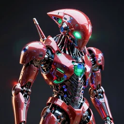 an extremely high quality render of a cybernetic futuristic looking robot alien with red, green, and blue lights, an ambient occlusion render by cedric seaut and keos masons, highly polised, reflective surfaced, machine - like, highly reflective, caustics, leds, neons, dramatic lighting, 8 k, cyborg, glowing eyes, cgsociety, generative art, rendered