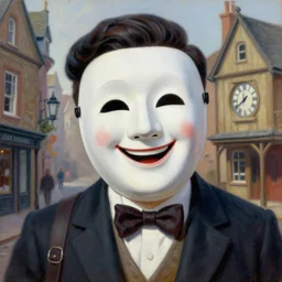 the happy mask salesman in clock town. highly defined painting, highly detailed painting by gaston bussiere, craig mullins 8 k